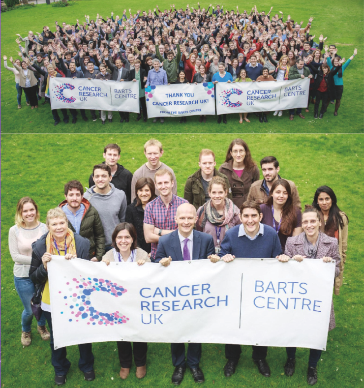 Celebrating the renewal of the CRUK Barts Centre. Top: the institute gathers on the green. Bottom: members of the Centre for Cancer Inflammation gather under the CRUK Barts Centre banner.
