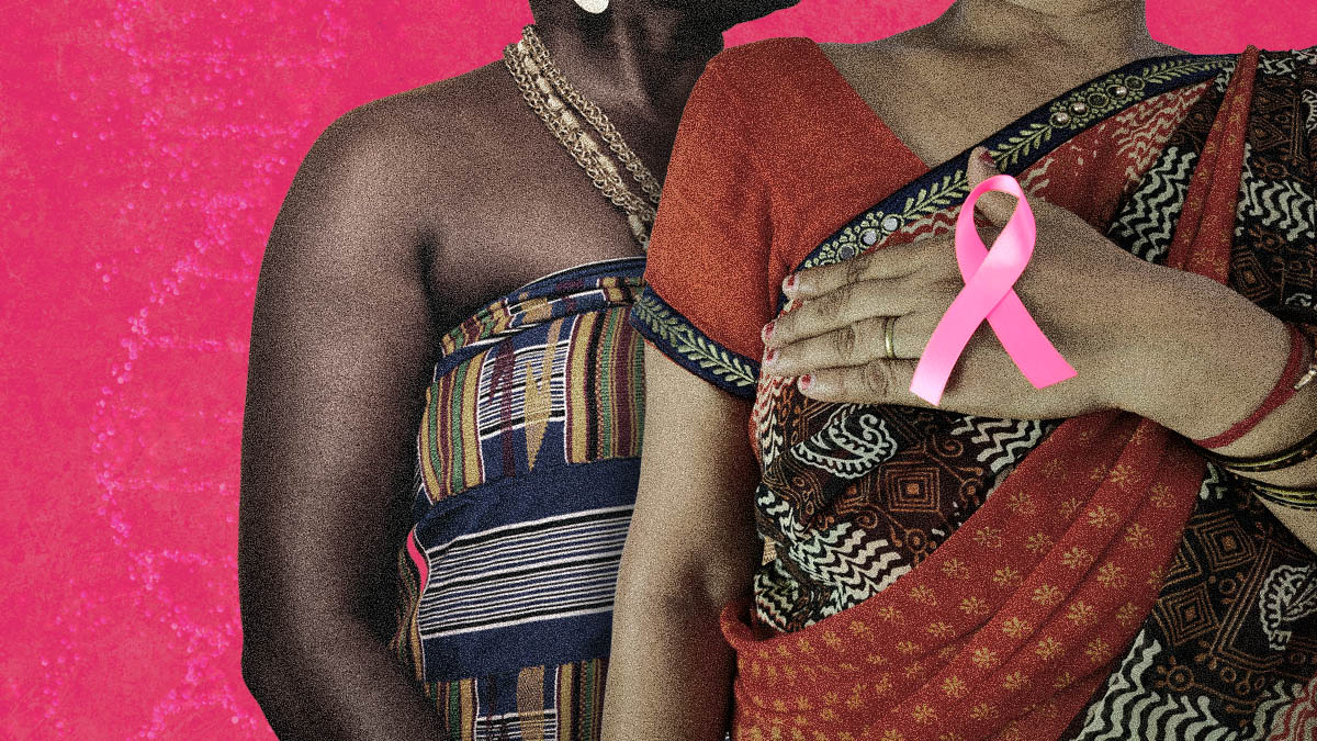 Breast Cancer Inequalities: image shows two women in traditional South Asian and African dresses, with a pink breast cancer awareness ribbon